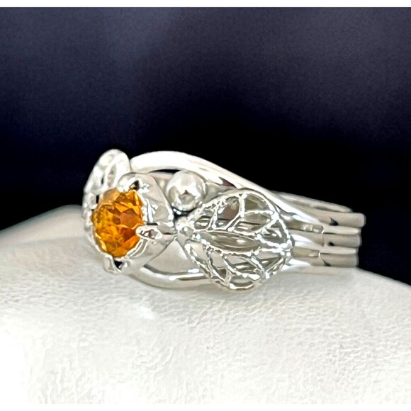 Vintage Ring Silver Tone Prong Set Orange Crystal Rhinestone MCM Costume 4K - Picture 2 of 4